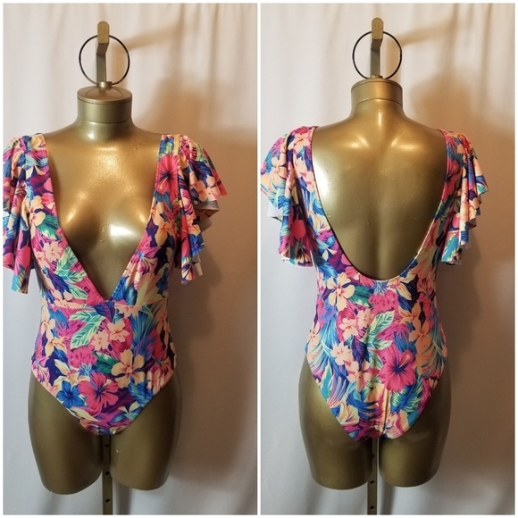 HAUTE PINK & BLUE TROPICAL PRINT LOW PLUNGE ONE PIECE SWIMSUIT - Picture 1 of 6